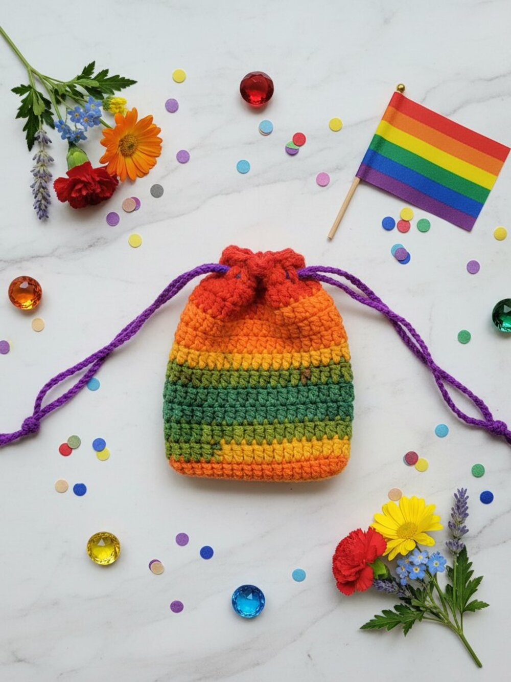 Pride Rainbow Drawstring Pouch | Handmade Crochet Gift Bag | Pride Month | LGBTQ